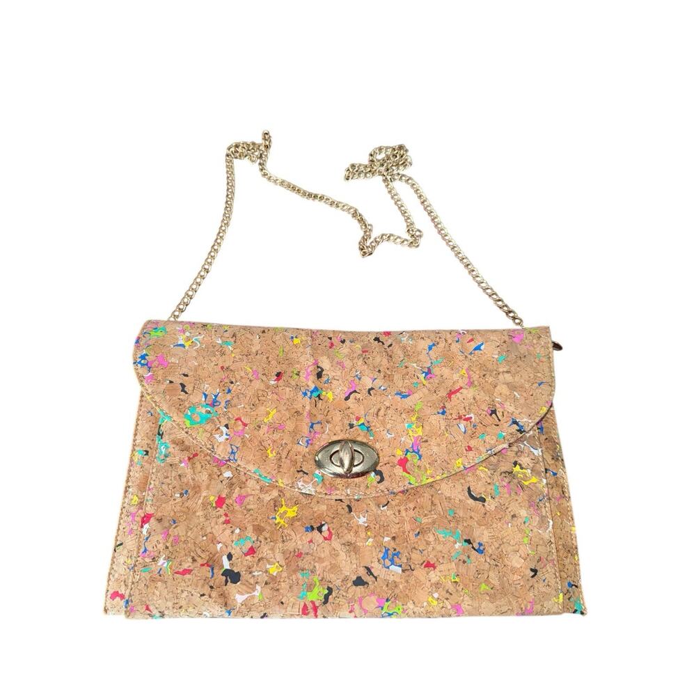 Street Level Cork Vegan Crossbody Clutch Bag Multicolor Speckled Gold Chain
